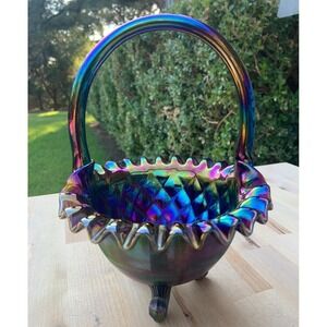 Vintage Blue Lustre Glass Basket by Fenton